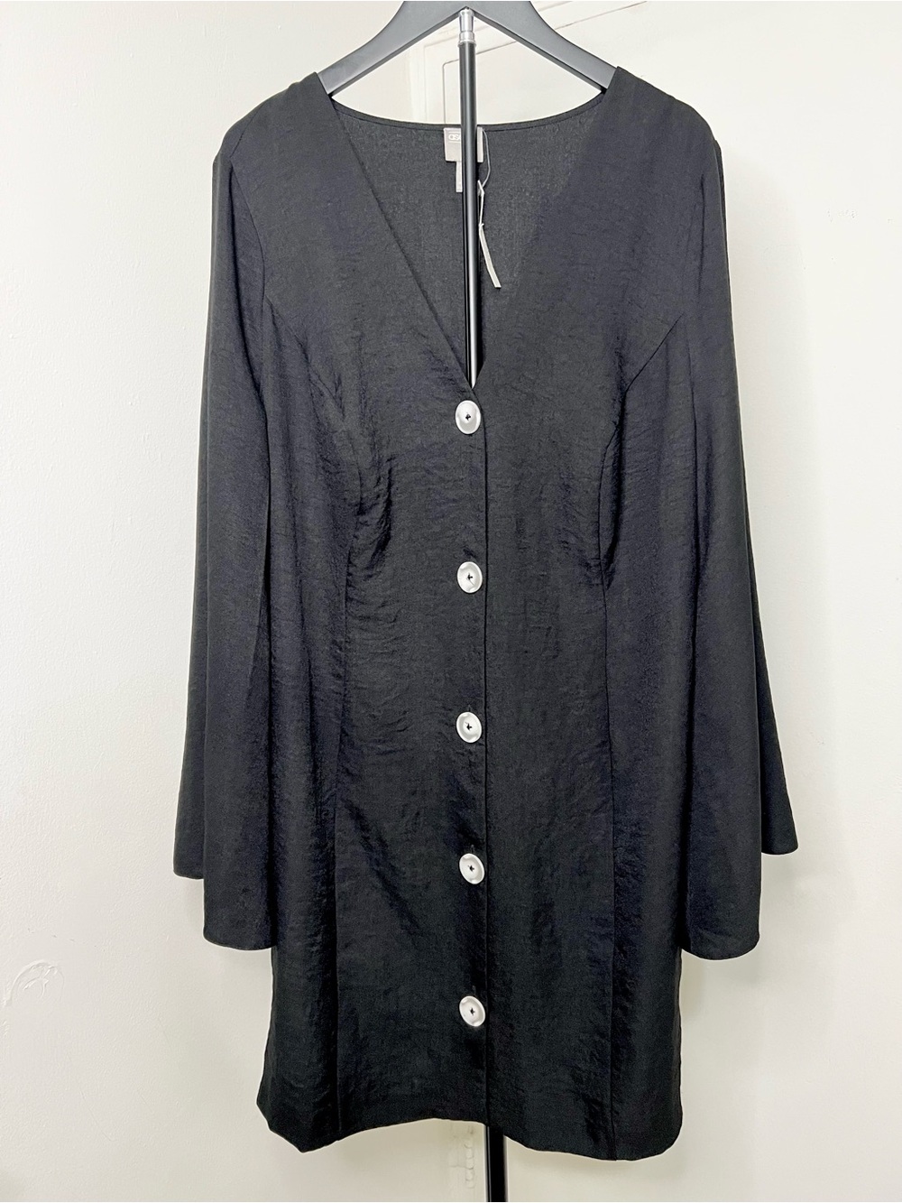 ASOS Black Long Sleeve Button Front Mini Dress V-Neck Minimalist Chic